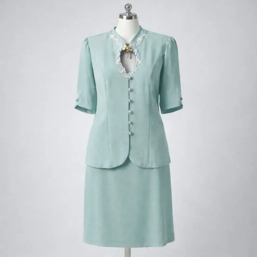 Vintage 80s Pastel Aqua Blue Skirt Suit Set